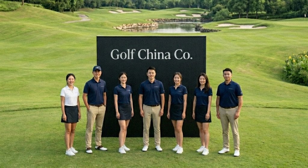 The Golf China team standing together on a golf course fairway