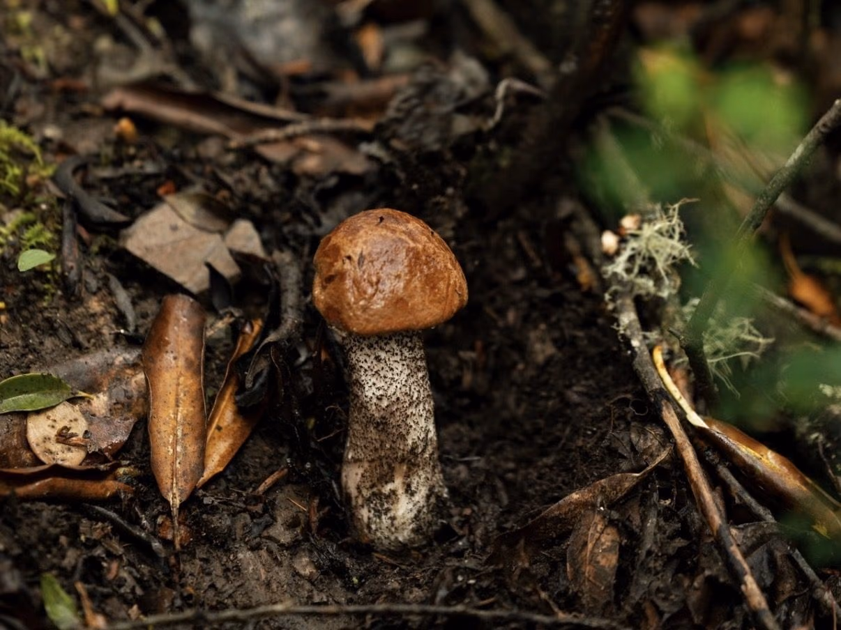 A wild porcini mushroom growing on the pine-forest floor, Yunnan