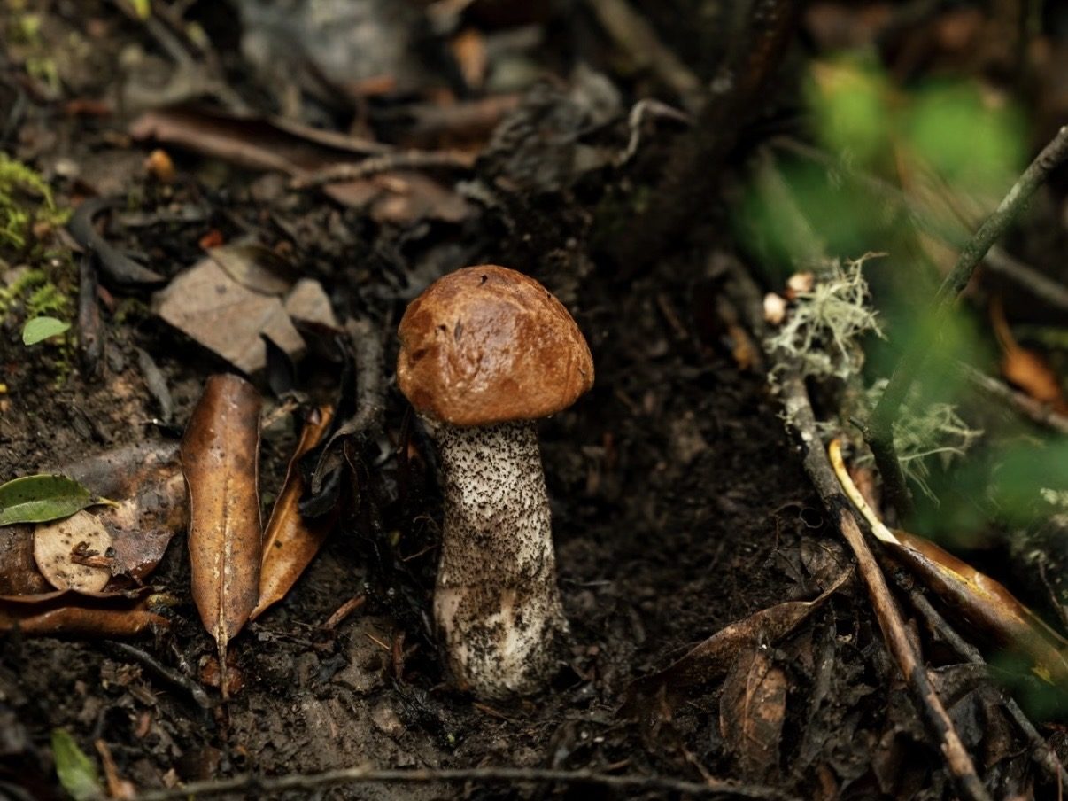 A wild porcini mushroom growing on the pine-forest floor, Yunnan