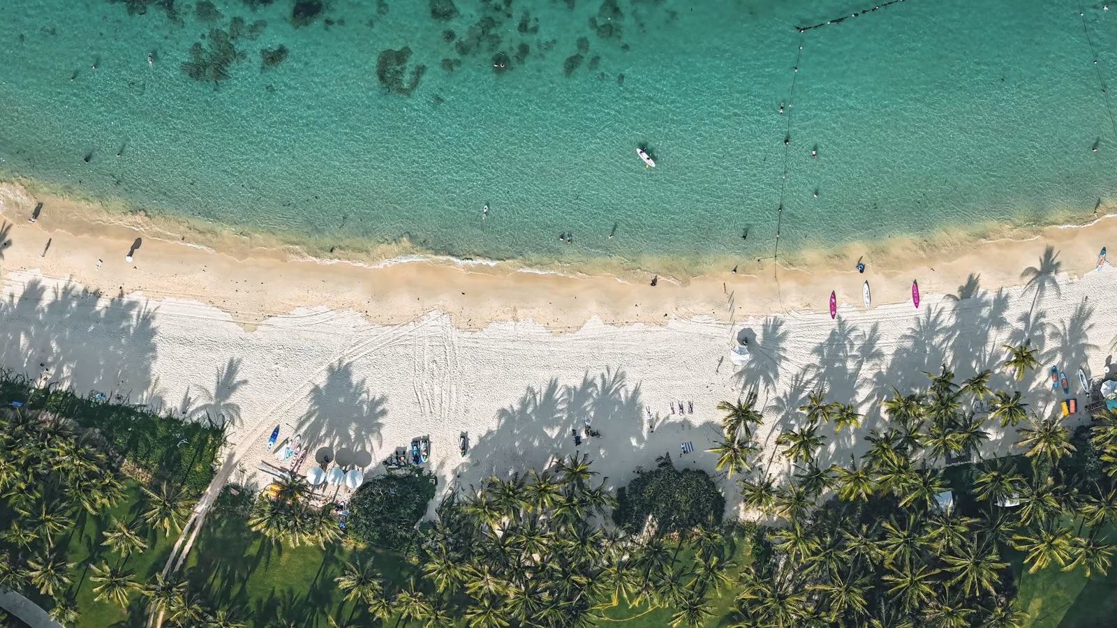 A top-down aerial of white sand, palms and turquoise water on the Hainan coast