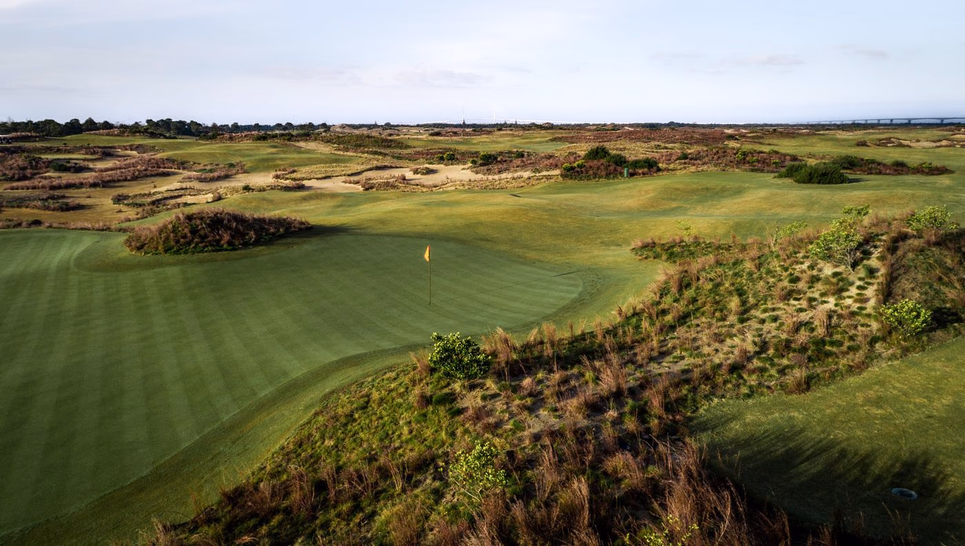Evening light over the dunes and fairways of Yangtze Dunes, Chongming Island