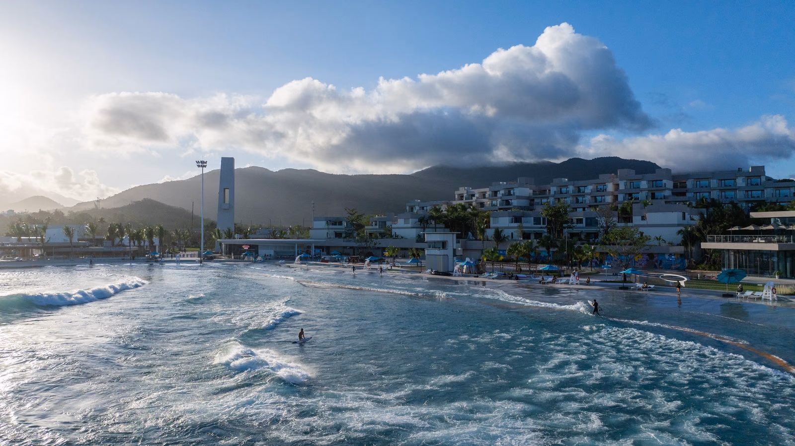 The PerfectSwell surf pool at golden hour on Hainan's surf coast