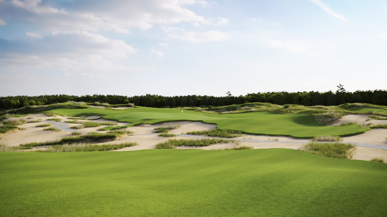 Evening light over a fairway threading between sand dunes at Yangtze Dunes, Chongming Island